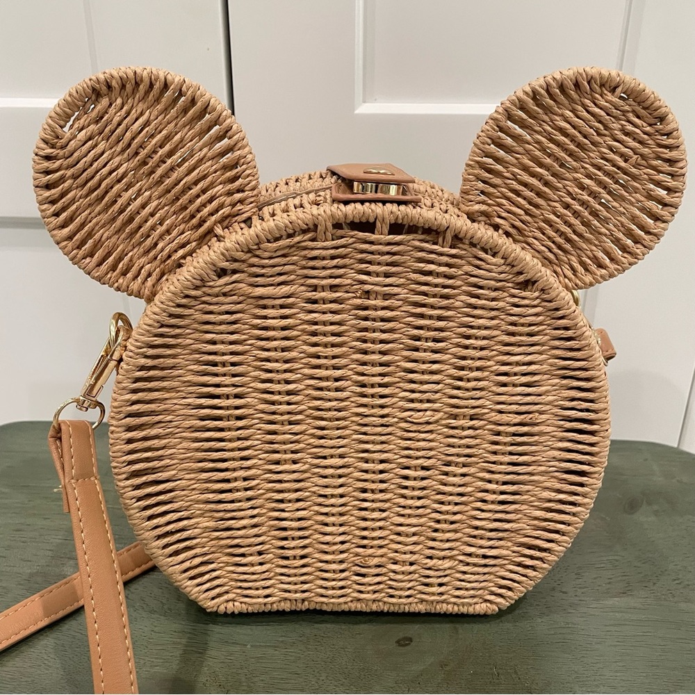 NEW MICKEY MOUSE INSPIRED TAN RATTAN STRAW BAG WITH STRAP